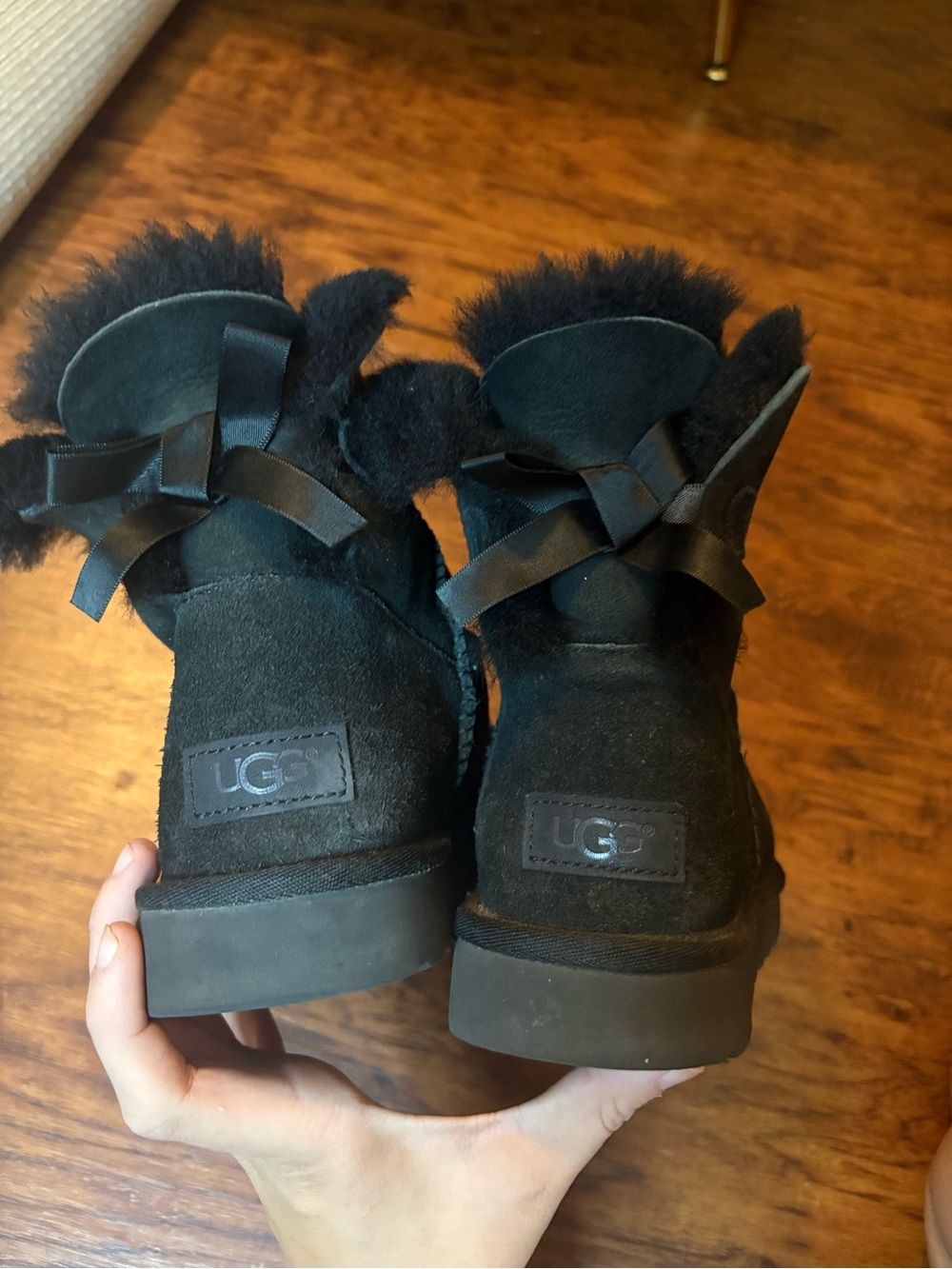 UGG Black Suede Shearling Bow Back Ankle Boots